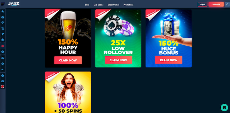 Image of four daily JazzCasino bonuses that you can enjoy Monday–Thursday and earn bonus funds plus free spins.