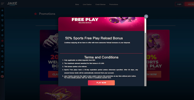 A picture highlighting a sports-specific casino code promotion, offering a 50% reload.