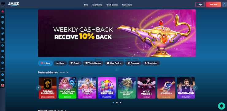 The game lobby featured at JazzCasino, featuring slots and live casino titles that can be enjoyed with bonus code promotions.