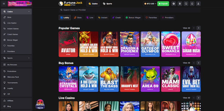 A screenshot of the main game hub, featuring popular and live casino titles you can use a FortuneJack casino bonus on.