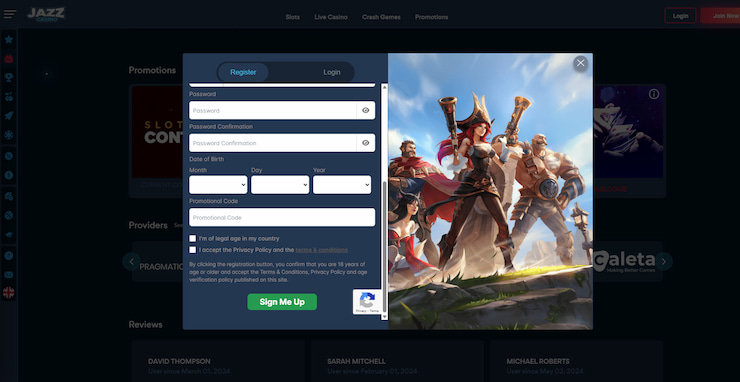 An overview of the registration process at this site, along with the place you can input JazzCasino promo codes.