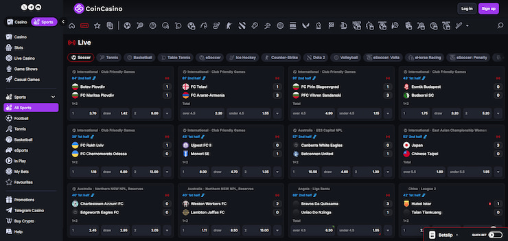 A snapshot of the live betting section at CoinCasino.
