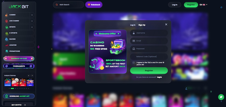 A snapshot of the registration page on the Jackbit Casino site.