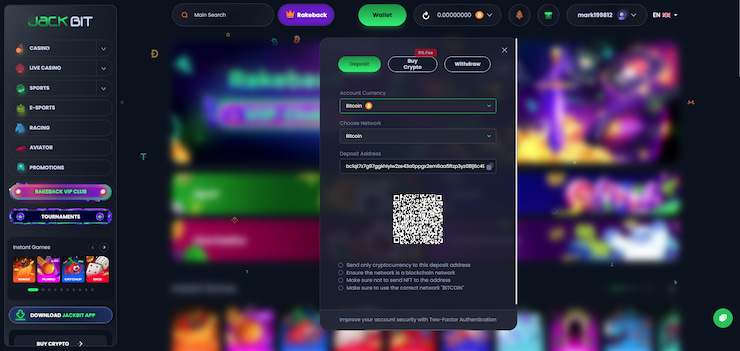 An image showing the deposit page at Jackbit Casino.