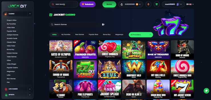 The casino game lobby on the Jackbit Casino site.