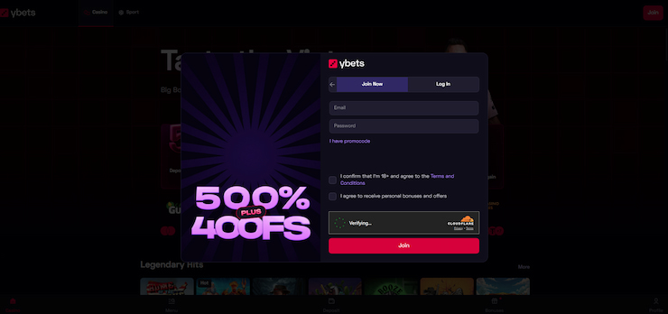 A snapshot showing the registration page on the YBets site.
