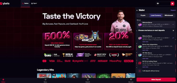 An image showing the YBets welcome bonus options in the cashier.