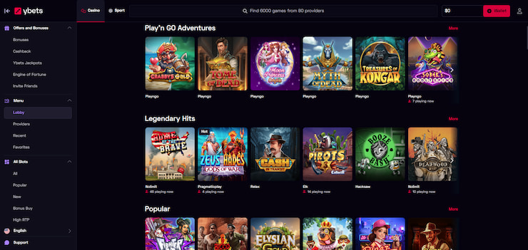 An image showing the slots lobby on the YBets Casino site