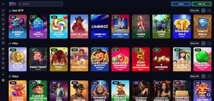 A screenshot of the casino lobby at 7Bit Casino.