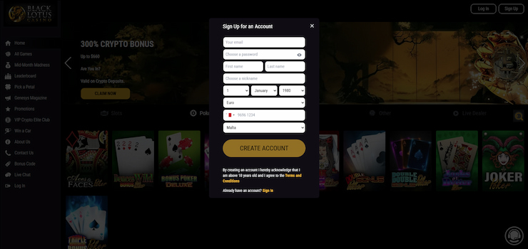 An image showing the registration page on the Black Lotus site.