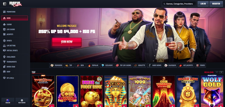 A screenshot of Mafia Casino, showing the homepage with the welcome offer.