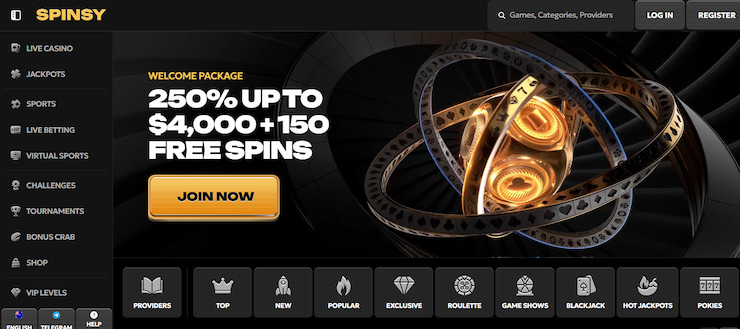 A snapshot of the Spinsy Casino homepage.