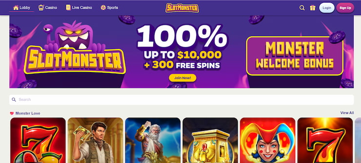 A screenshot of the Slotmonster casino site, showing the sign-up offer.