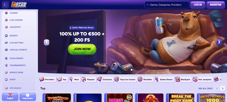 An image of the SpinBara casino homepage. 