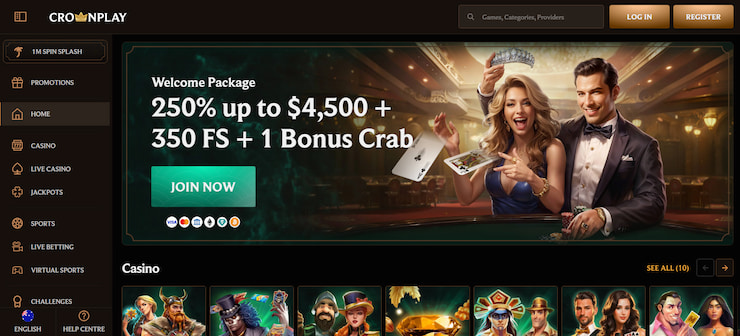 A screenshot showing the Crownplay Casino homepage. 