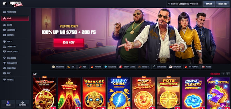 A screenshot of the Mafia Casino site, showing the welcome offer.