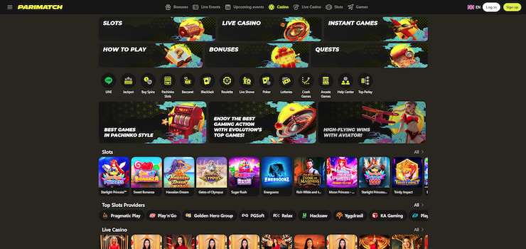 A screenshot of the Parimatch Casino homepage - a top online casino in Japan