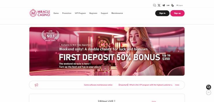 The Miracle Casino website, showing one of the welcome offers - a top online casino in Japan