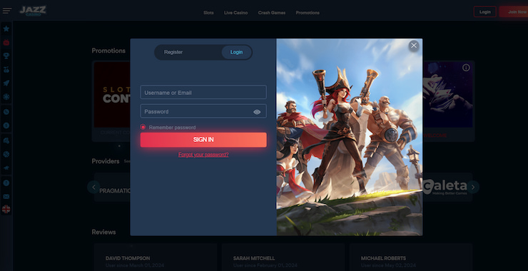A screenshot of the login page at JazzCasino where you can input your username/email and password to access your account.