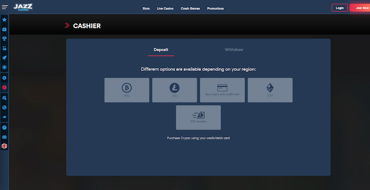 A look at the cashier section, where JazzCasino code promotions can be unlocked through deposits.