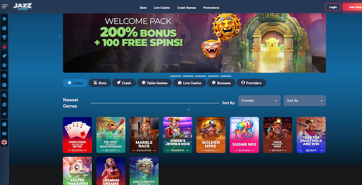 An image of this gambling site with the newest games on display plus a banner showcasing the JazzCasino welcome bonus.