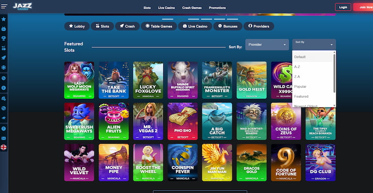 The casino section at JazzCasino with options to filter by popularity, recently released, provider, and more.