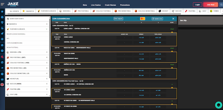A broad look at the sports betting section at this site, where many JazzCasino bonuses apply for bonus funds to wager with.