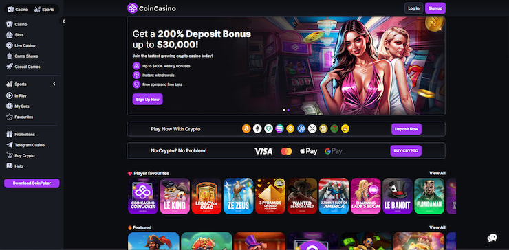 An image of CoinCasino, our top pick for the best no-KYC betting site in 2025.