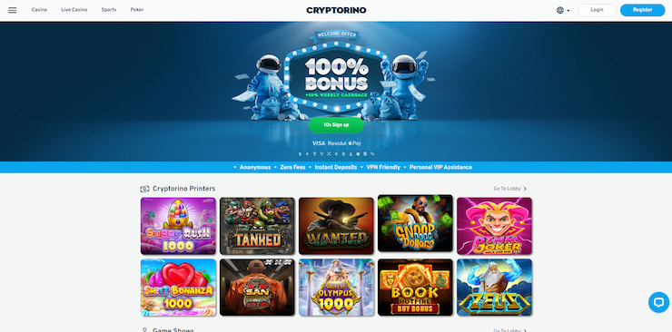 A more detailed view of the Cryptorino betting site, a must-try no-KYC online casino.