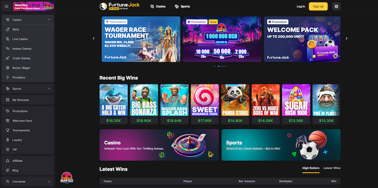 The homepage with a "Sign Up" button in yellow where you can create an account and use your bonus code for a FortuneJack casino reward.