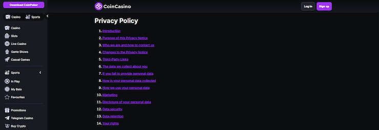 An overview of the privacy policy at CoinCasino, one of the most well-regarded no-KYC casino betting sites online.