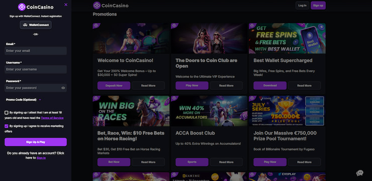 A screenshot of the quick and easy registration process at CoinCasino, a popular anonymous no-KYC site.