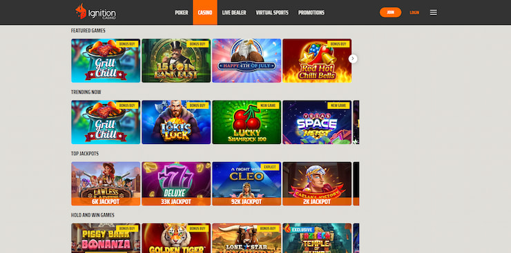 The many featured, trending, and new slots available at the Ignition online casino site.