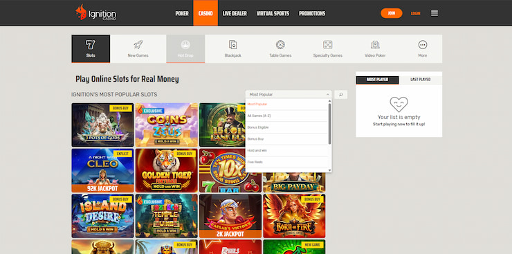A screenshot which features the many games that the Ignition gambling site has on offer, including a section that shows your most and last played games.