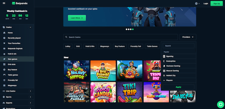 An image depicting the many new games from popular software providers at BetPanda, one of the top 5 no-KYC casinos we covered.