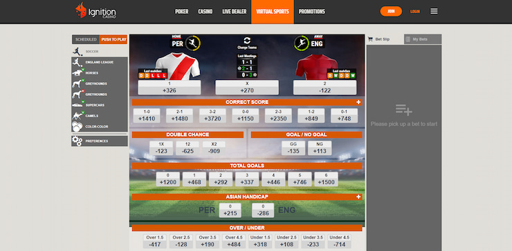The virtual sports betting section at Ignition Casino, showcasing a simulated soccer match being played.