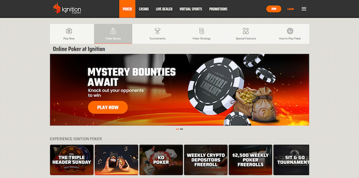 An overview of the Ignition poker section with its many games and bonuses on offer.