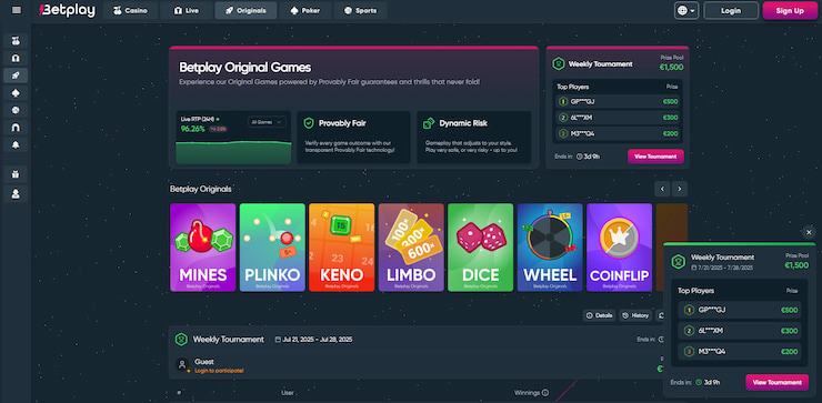 A screenshot focusing on BetPlay original games, one of the main reasons many bettors use this no-KYC casino.