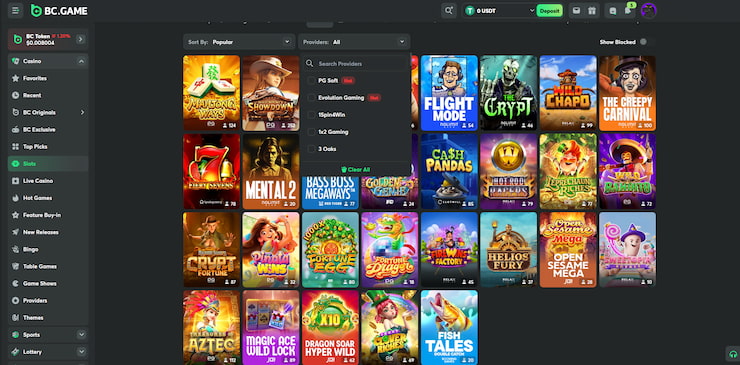 The many available slots at BC.Game, a popular no-KYC casino site.