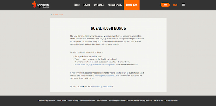 An overview of the Royal Flush bonus, a highly lucrative Ignition Casino poker promotion.