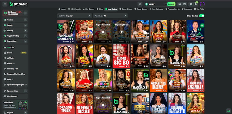 A list of the most popular live games that you can play for real money at a no-KYC gambling site like BC.Game.