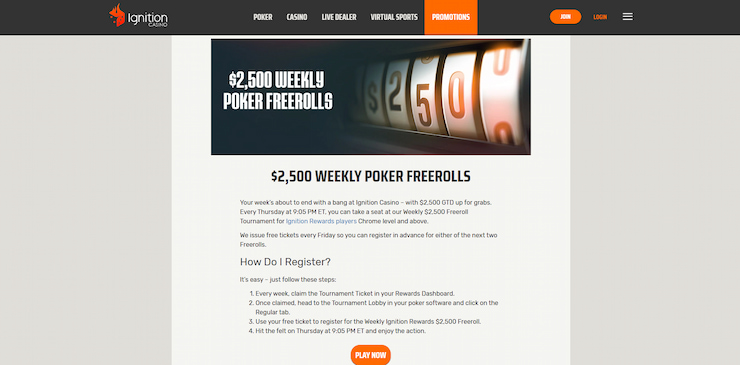 A screenshot of the weekly Ignition poker freerolls bonus that's worth up to $2,500.