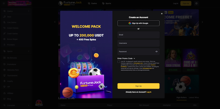 A look at the quick and easy sign-up process when making an account, with a FortuneJack casino bonus displayed on the left.
