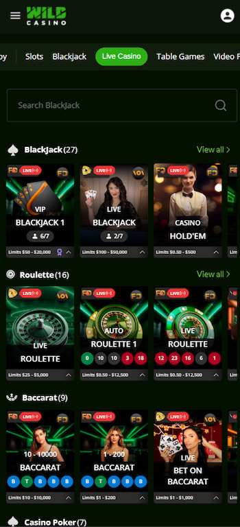 An image showcasing the live section at Wild Casino, one of the most popular PayPal casinos.