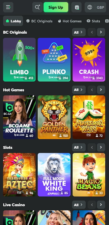 A screenshot which showcases BC.Game's mobile betting app, alongside their slots and BC Original titles , new online casino UK.