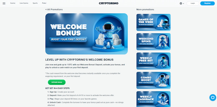 A more detailed look at the welcome bonus and other promotions you can enjoy at new UK online casinos like Cryptorino.