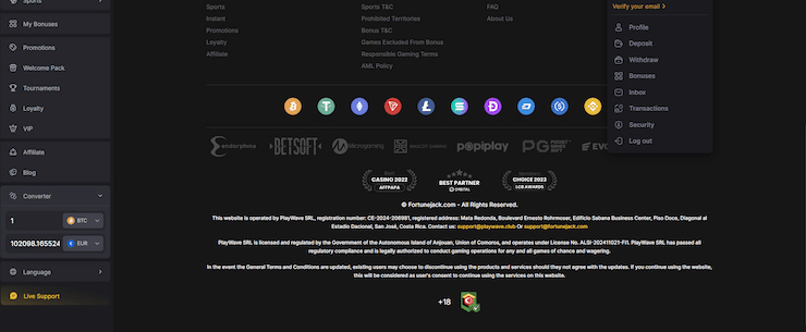 A screenshot featuring a dropdown menu with the option to verify your FortuneJack account.