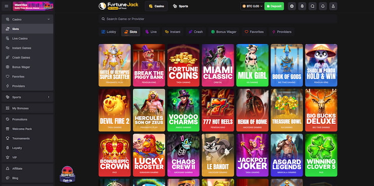 An image displaying the many slots available at the site, all of which can be enjoyed with added funds through a FortuneJack bonus code.
