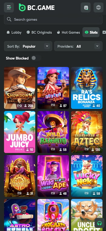 BC.Game's slots section, featuring tons of games that accept PayPal.