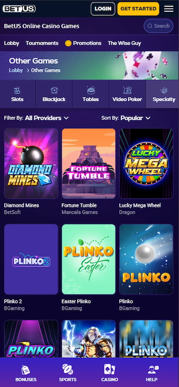 An overview of BetUS' specialty games page, featuring titles you'd come to expect from a top PayPal casino.